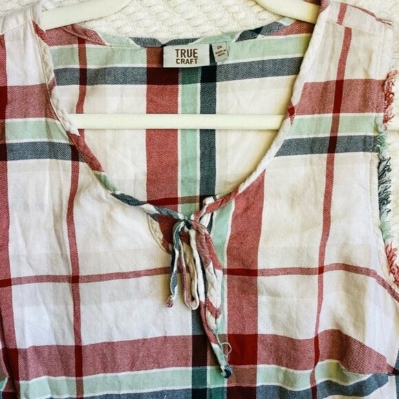 True Craft Sleeveless Midi Dress 0X Plaid & Floral Design With Frayed Edges - Picture 4 of 7